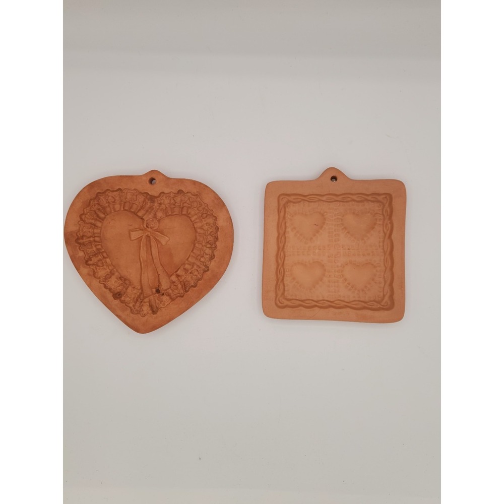 2 Vintage Cotton Press Terra Cotta Cookie Molds Heart Quilt and Heart‎ 90's